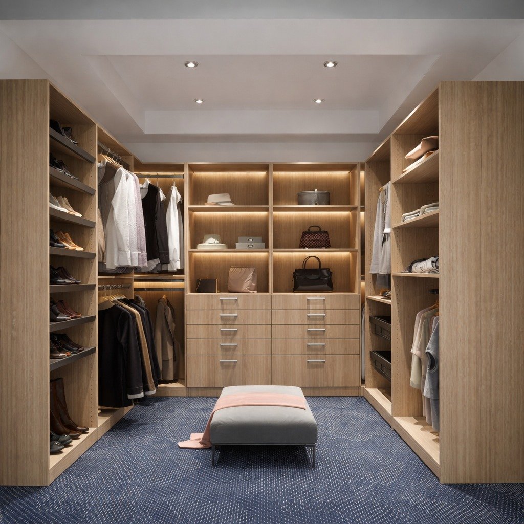 Walk-in closet in warm oak