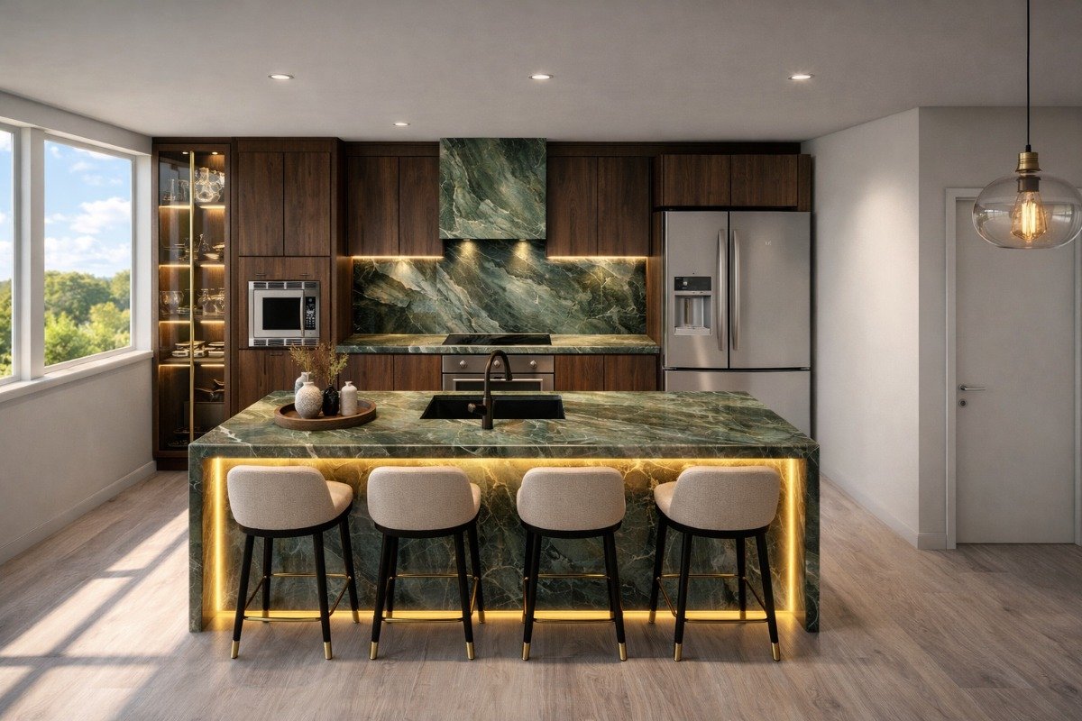 Kitchen with bold green marble
