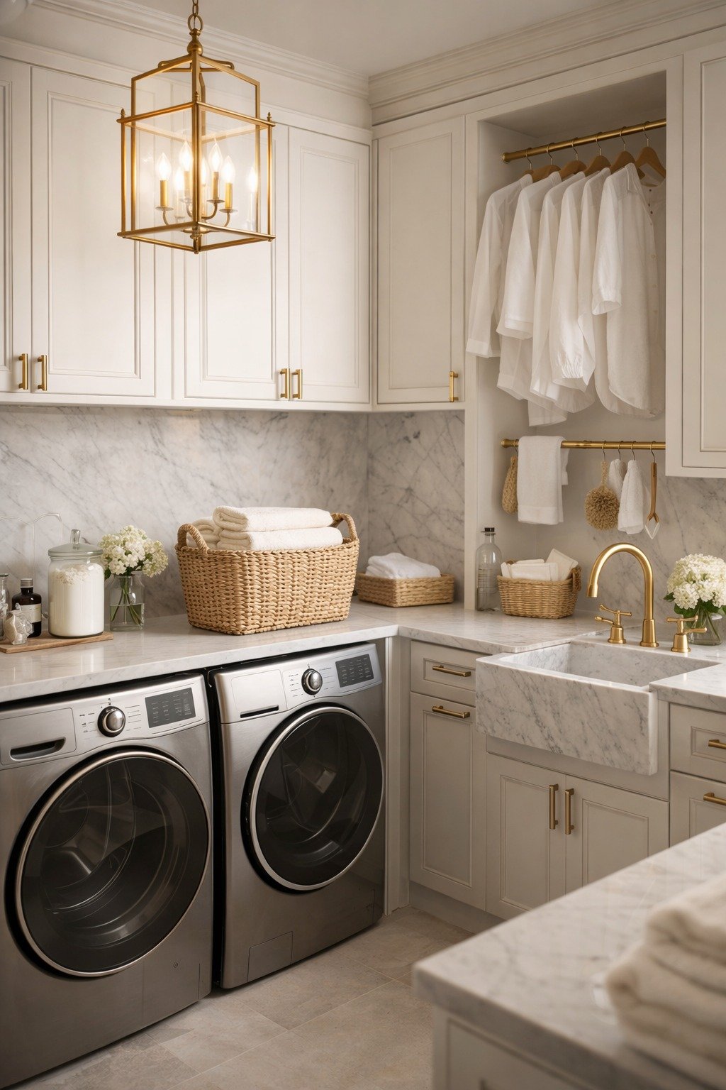 Laundry in classic white and brass