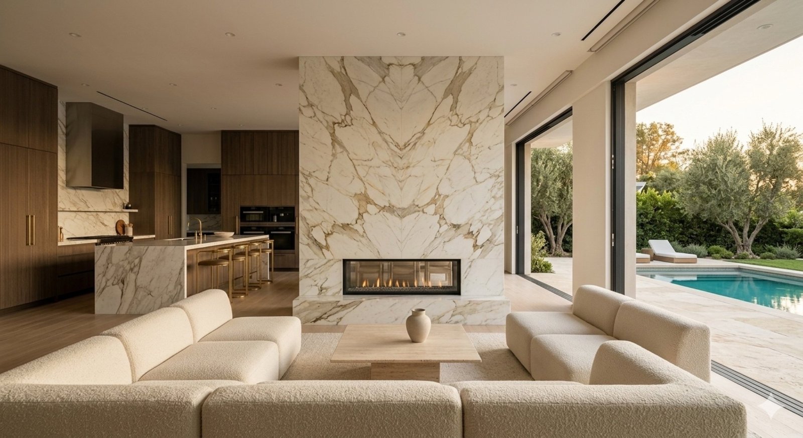 Luxury living room with marble fireplace, walnut kitchen and garden view